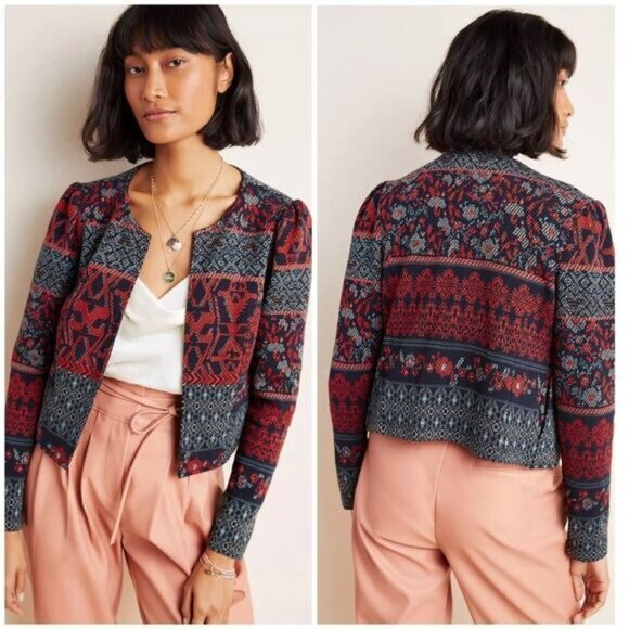 Anthropologie Dolan Red/Blue Multi Abstract Southwestern Knit Open Jacket Large - Picture 1 of 12